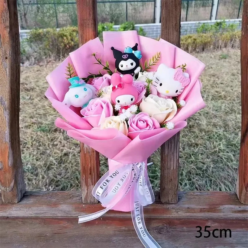 Hello Kitty Cartoon Plush Bouquet  Anime  Rose Soap Flowers Sweet Gift