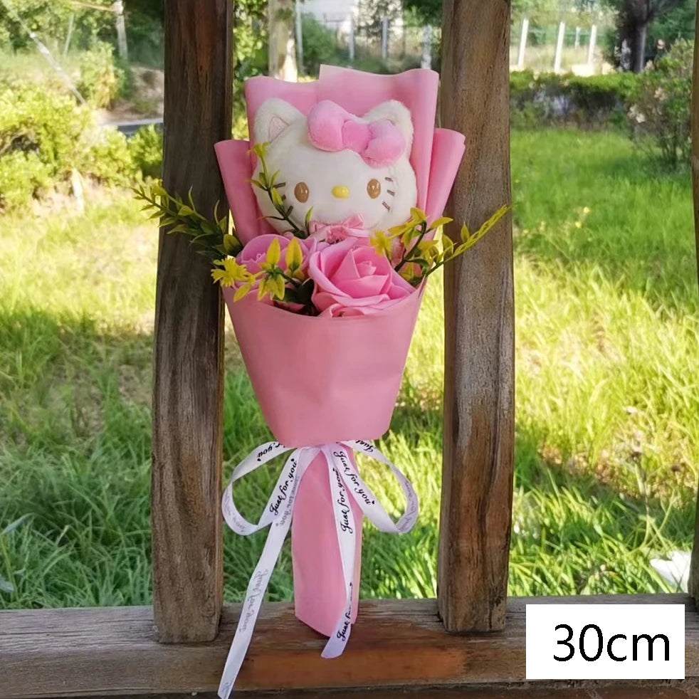 Hello Kitty Cartoon Plush Bouquet  Anime  Rose Soap Flowers Sweet Gift