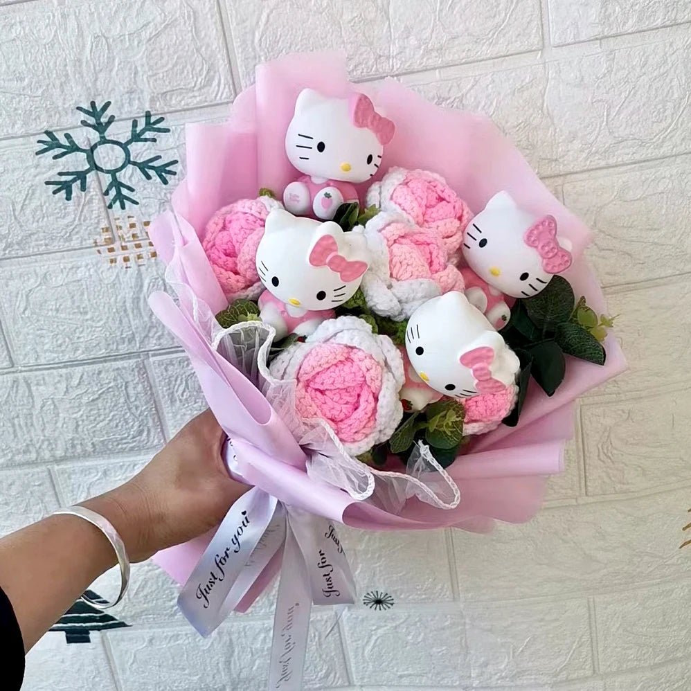 Hello Kitty Cartoon Plush Bouquet  Anime  Rose Soap Flowers Sweet Gift