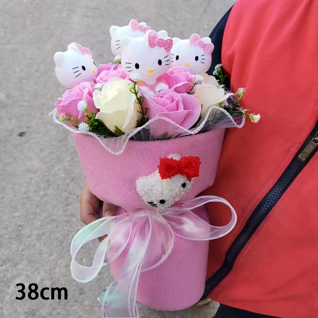 Hello Kitty Cartoon Plush Bouquet  Anime  Rose Soap Flowers Sweet Gift